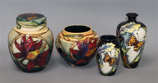 Three Moorcroft Butterfly pattern vases and a jar and cover tallest 16cm (4)